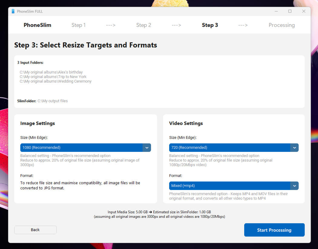PhoneSlim Step 3: Resize Targets and Formats