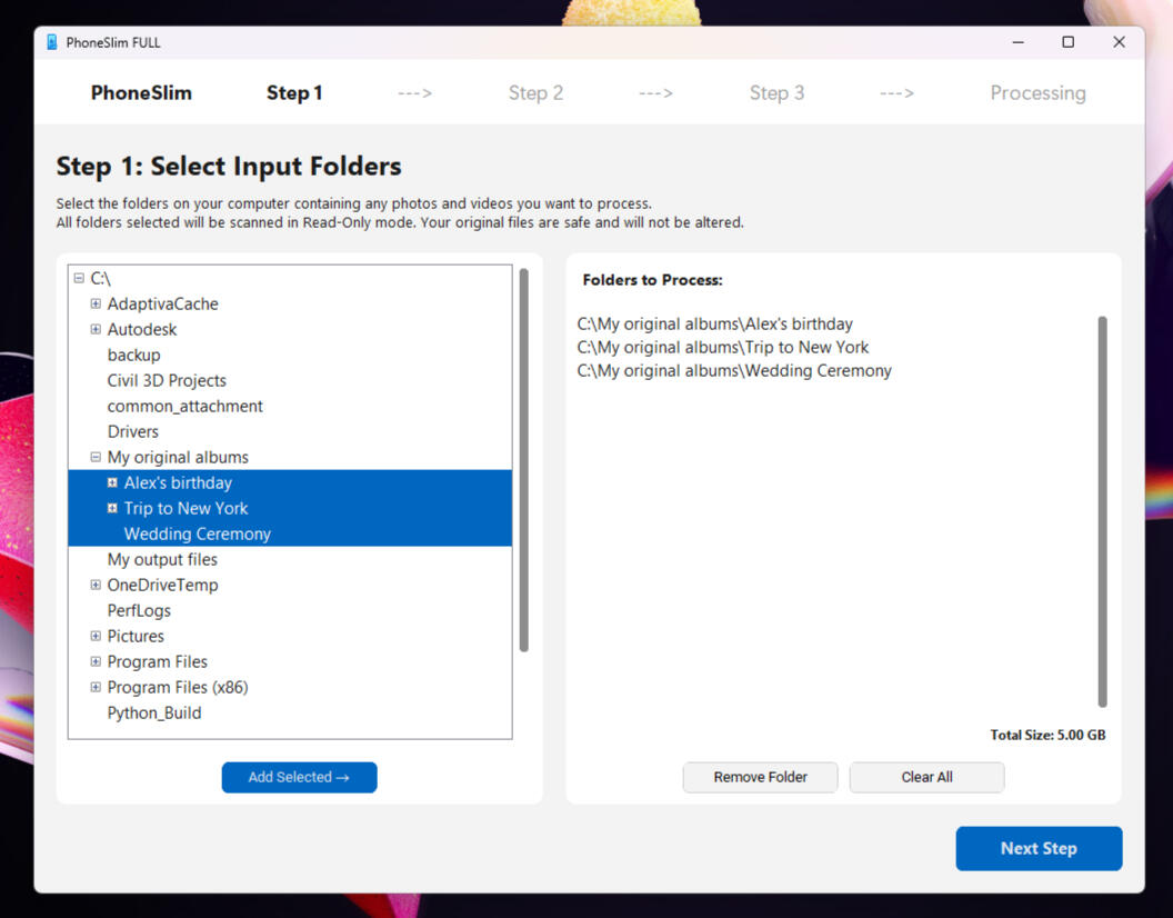 PhoneSlim Step 1: Select Input Folders